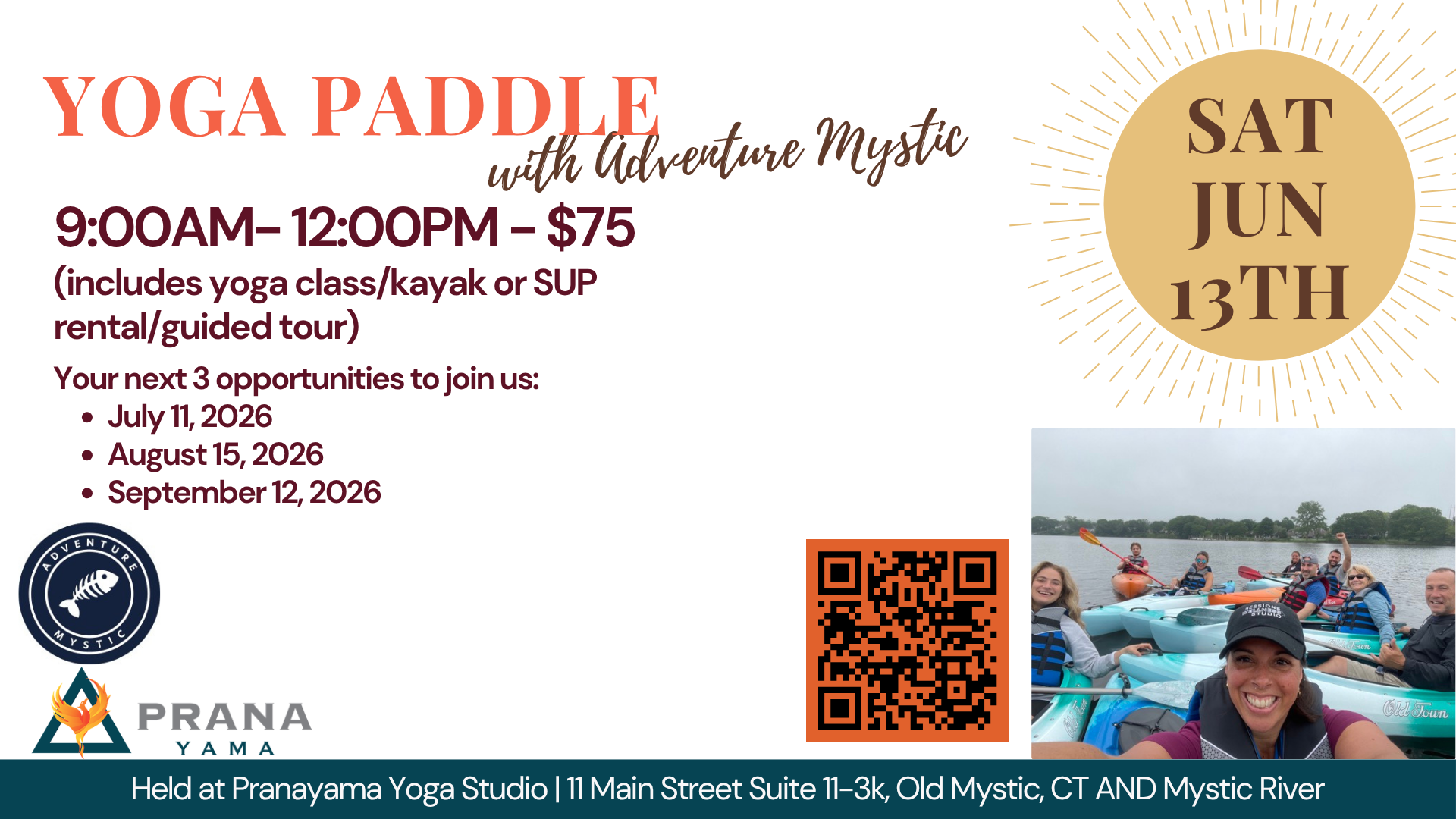 Schedule graphic for the Intro to Breathwork group class held every Wednesday evening at PRANAYAMA Studios in Mystic, CT.